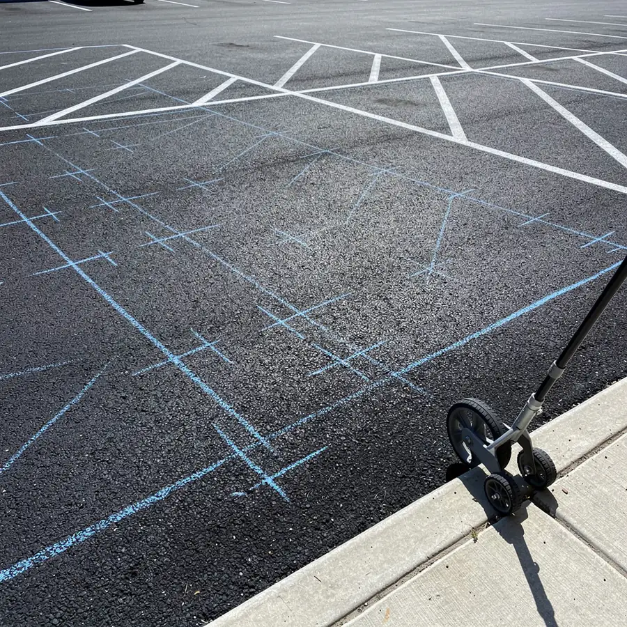 Chalk layout lines on repaved lot Chalk layout lines on repaved lot