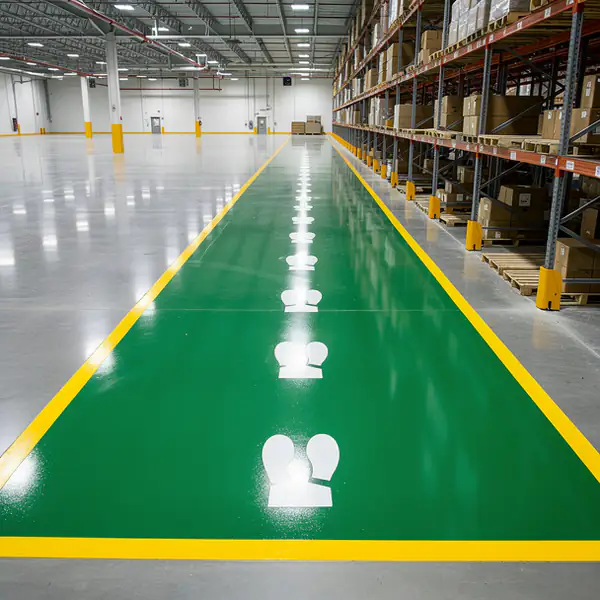 Epoxy walkway beside warehouse racking aisle