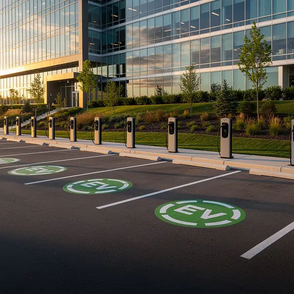 EV stencils on tech campus parking row