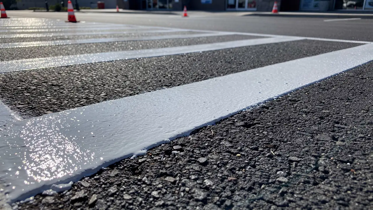 Freshly sprayed parking lines drying in sun Freshly sprayed parking lines drying in sun