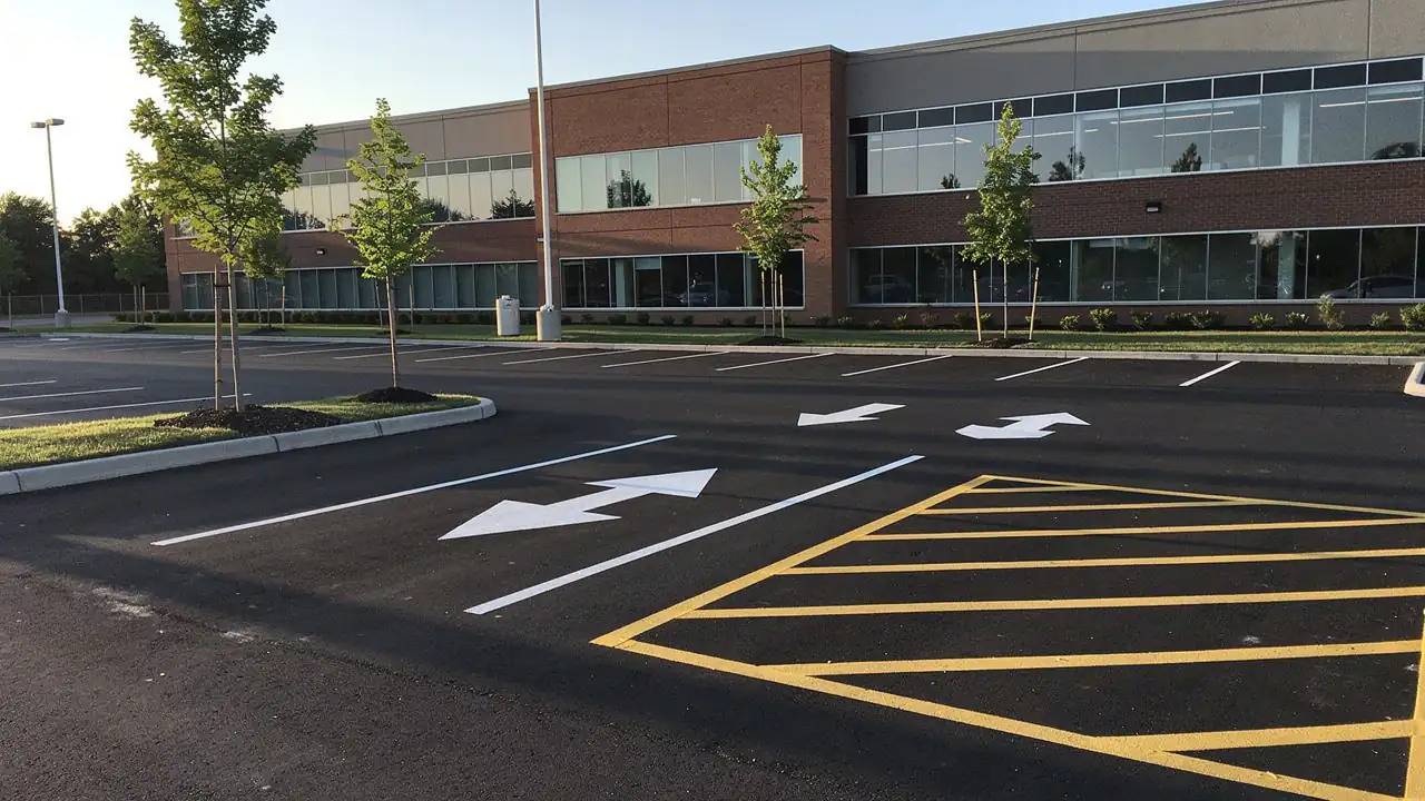 Freshly striped commercial lot with directional arrows Freshly striped commercial lot with directional arrows