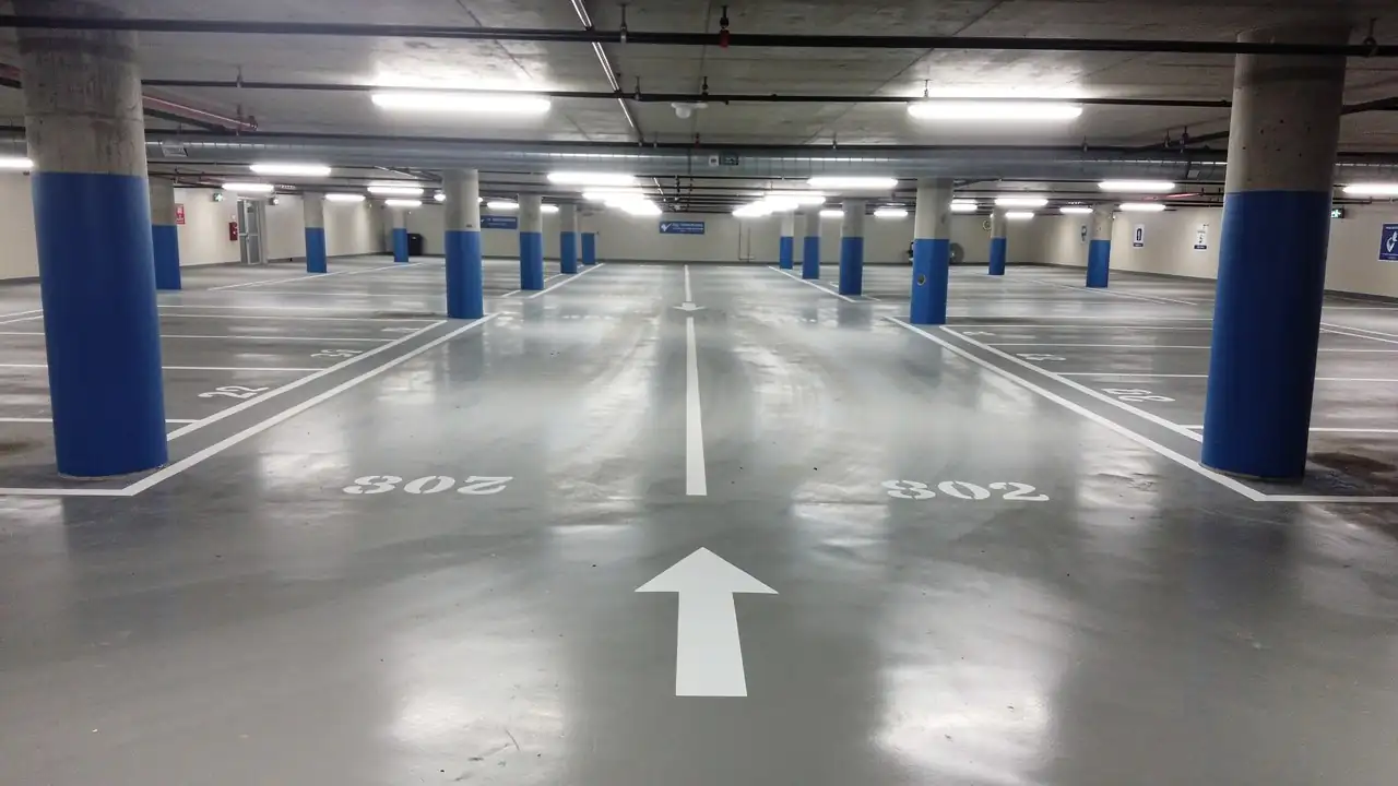 Freshly striped underground condo parking garage Freshly striped underground condo parking garage