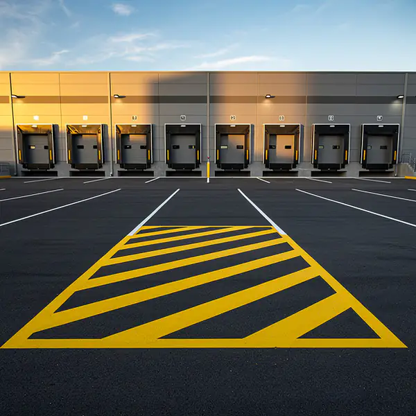 Hatched loading zone at Cambridge logistics lot