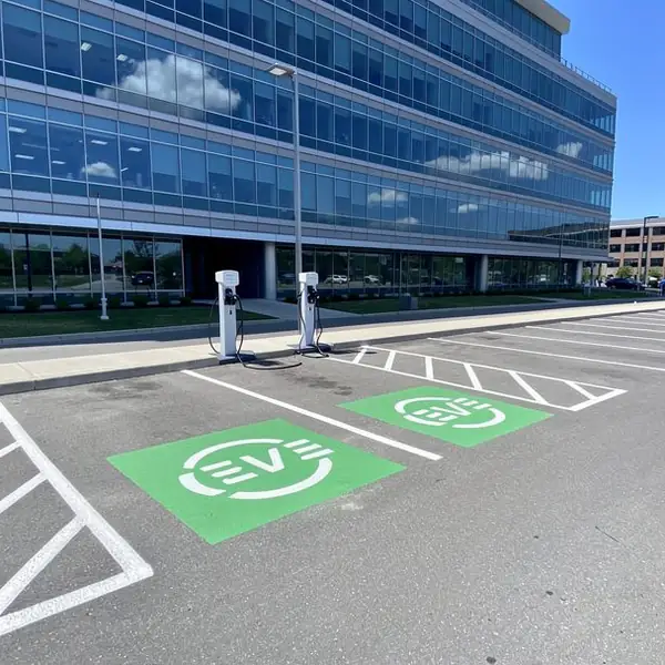 Office park visitor row with EV stencils