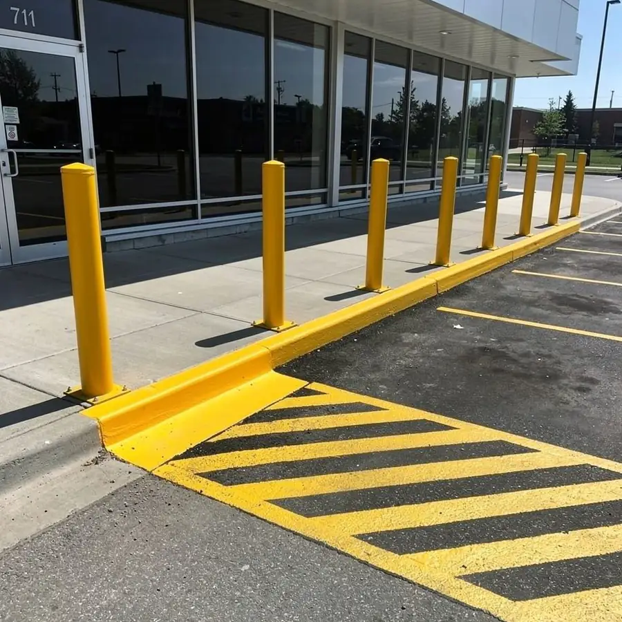 Painted bollards and curb end at plaza