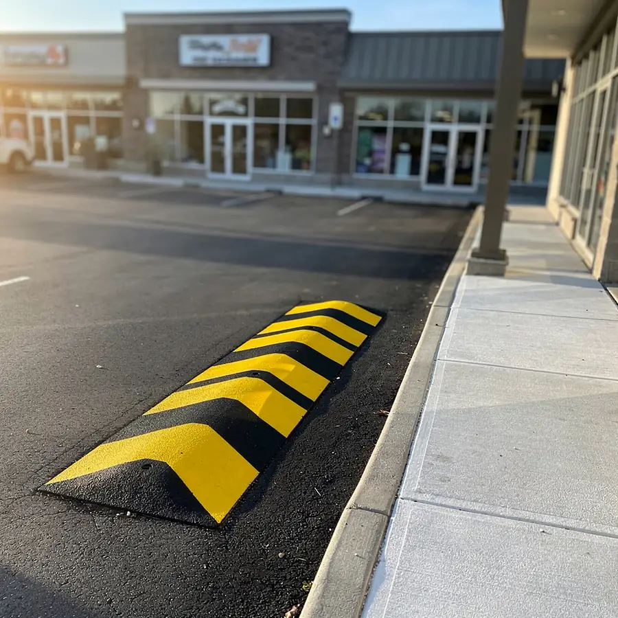 Speed hump stripes beside plaza walkway