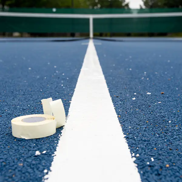 Taped tennis baseline drying on blue court