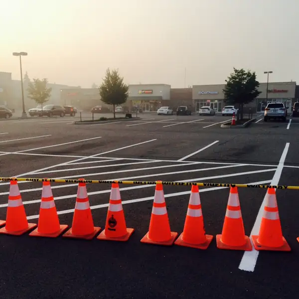 Traffic cones guarding drying parking lines Traffic cones guarding drying parking lines