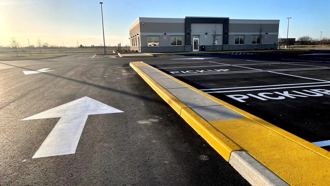 White arrows and pickup text on asphalt White arrows and pickup text on asphalt