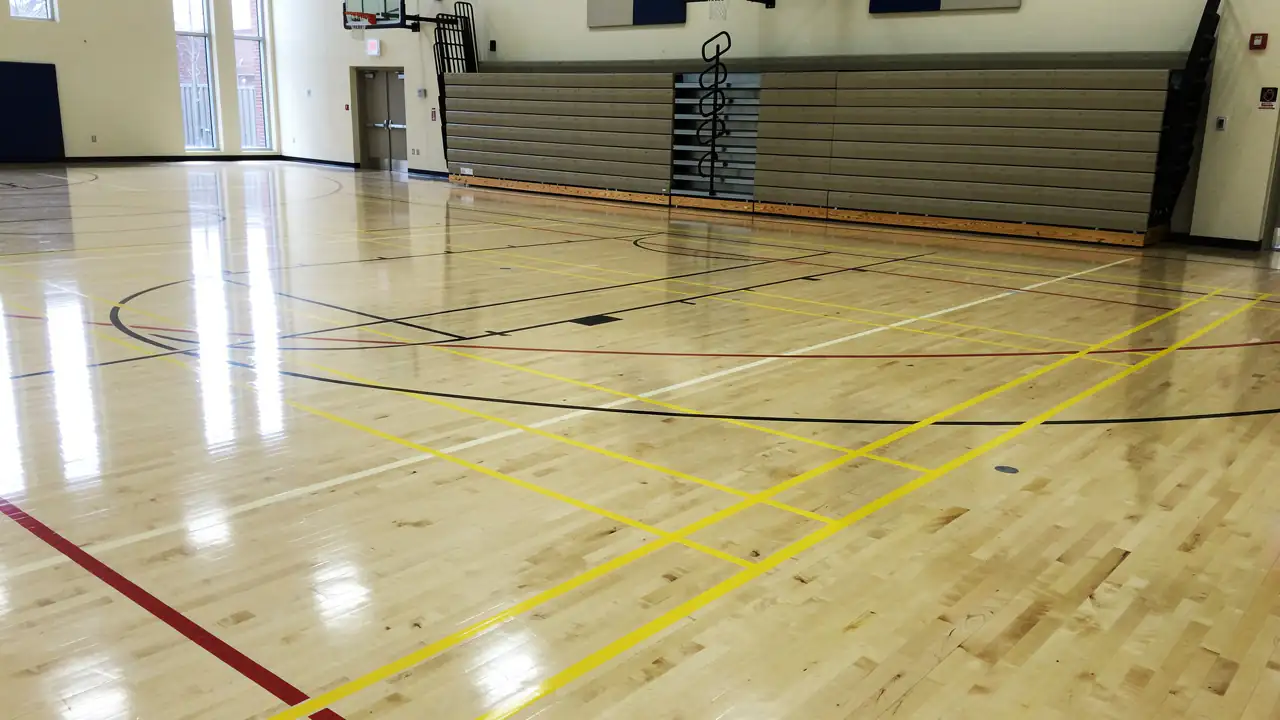 Yellow badminton lines on school gym floor Yellow badminton lines on school gym floor